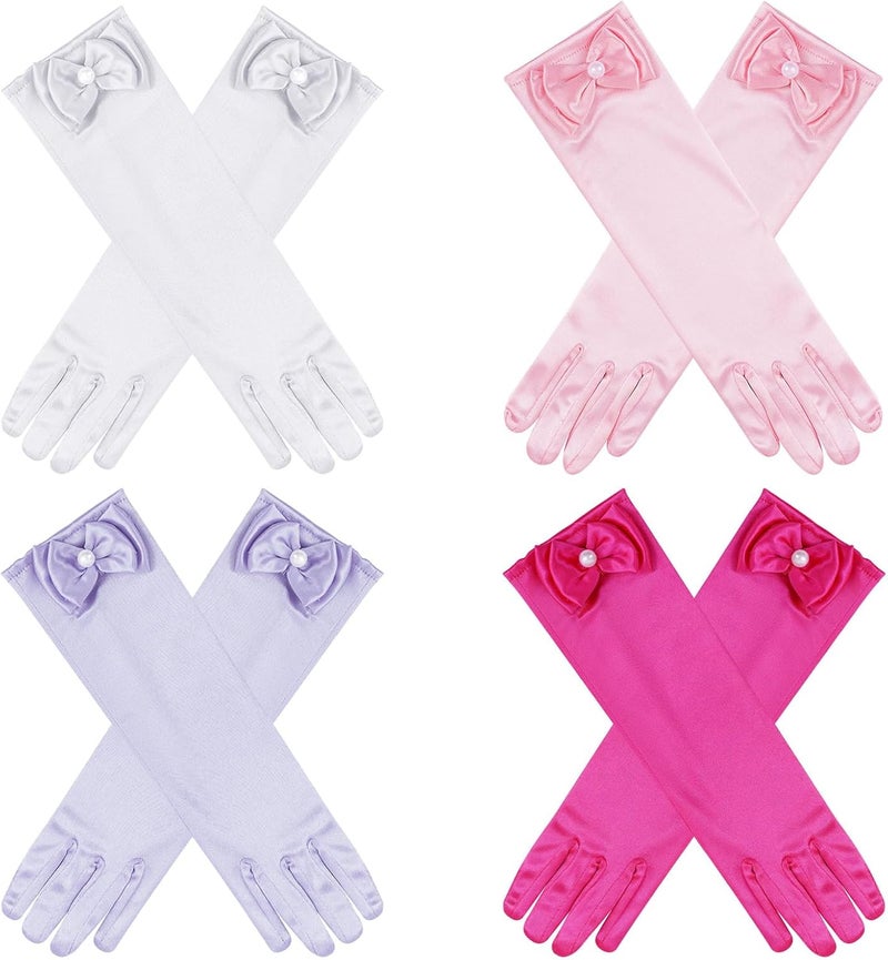 Yolyoo 4 Pairs Satin Princess Gloves,Pearl Long Stain Gloves for Halloween Costume Wedding Birthday and Theme Party - Image 1